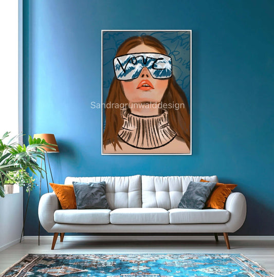 Kunstdruck- love skiing,Portrait einer Frau mit Skibrille